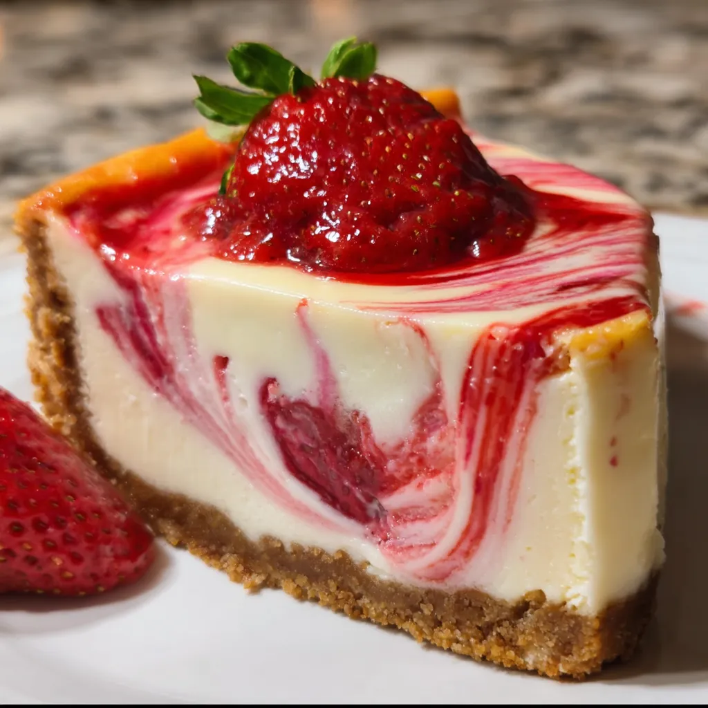 Classic Strawberry Swirl Cheesecake with Graham Cracker Crust and Fresh Berry Topping